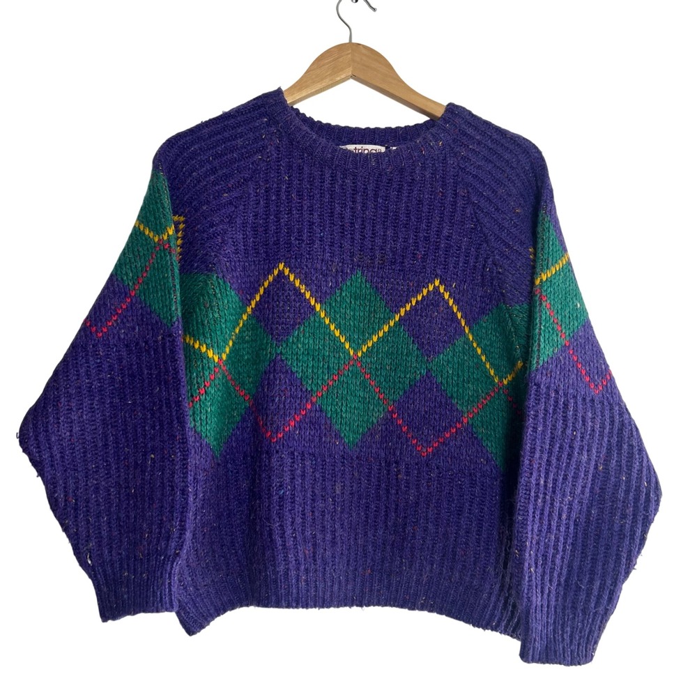 Vintage 90s Catrina Ltd Sweater‎ Purple Argyle Chunky Knit Wool Blend